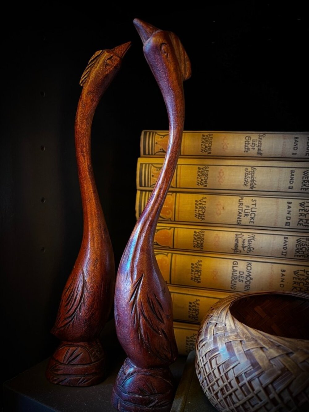 Pair of MCM Vintage Hand-carved Wooden Bird Crane Heron Sculptures